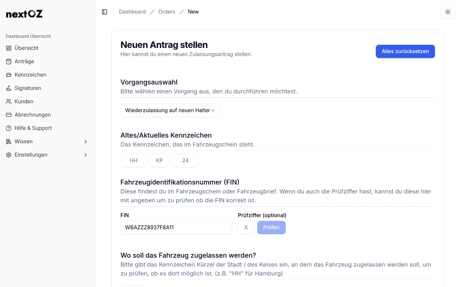 nextOZ Dashboard Vorschau - Digitaler Zulassungsantrag mit Sidebar und Navigation